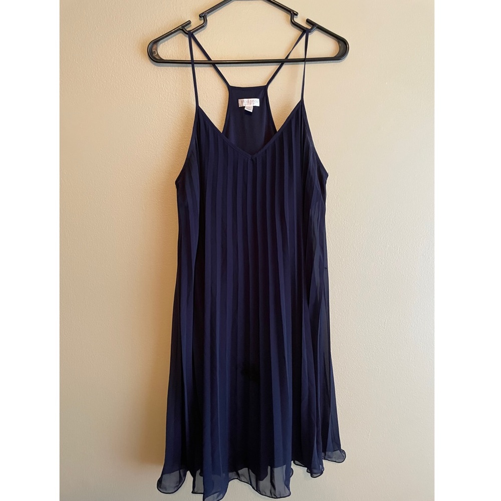 Pleated spaghetti strap formal dress, Navy, Bisou Bisou size 10